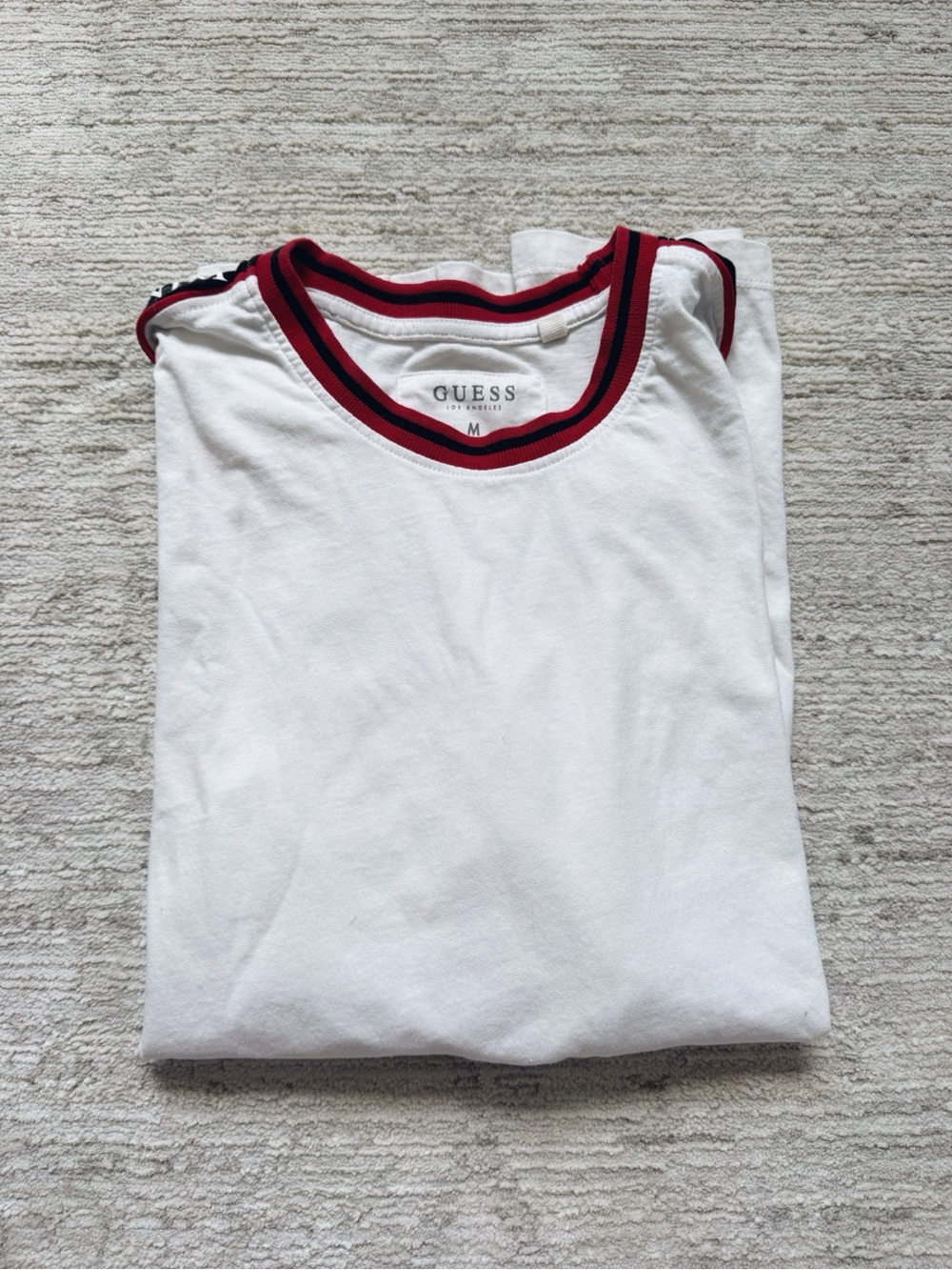 GUESS White Short Sleeve Crewneck Tee with Red & Black Stripe